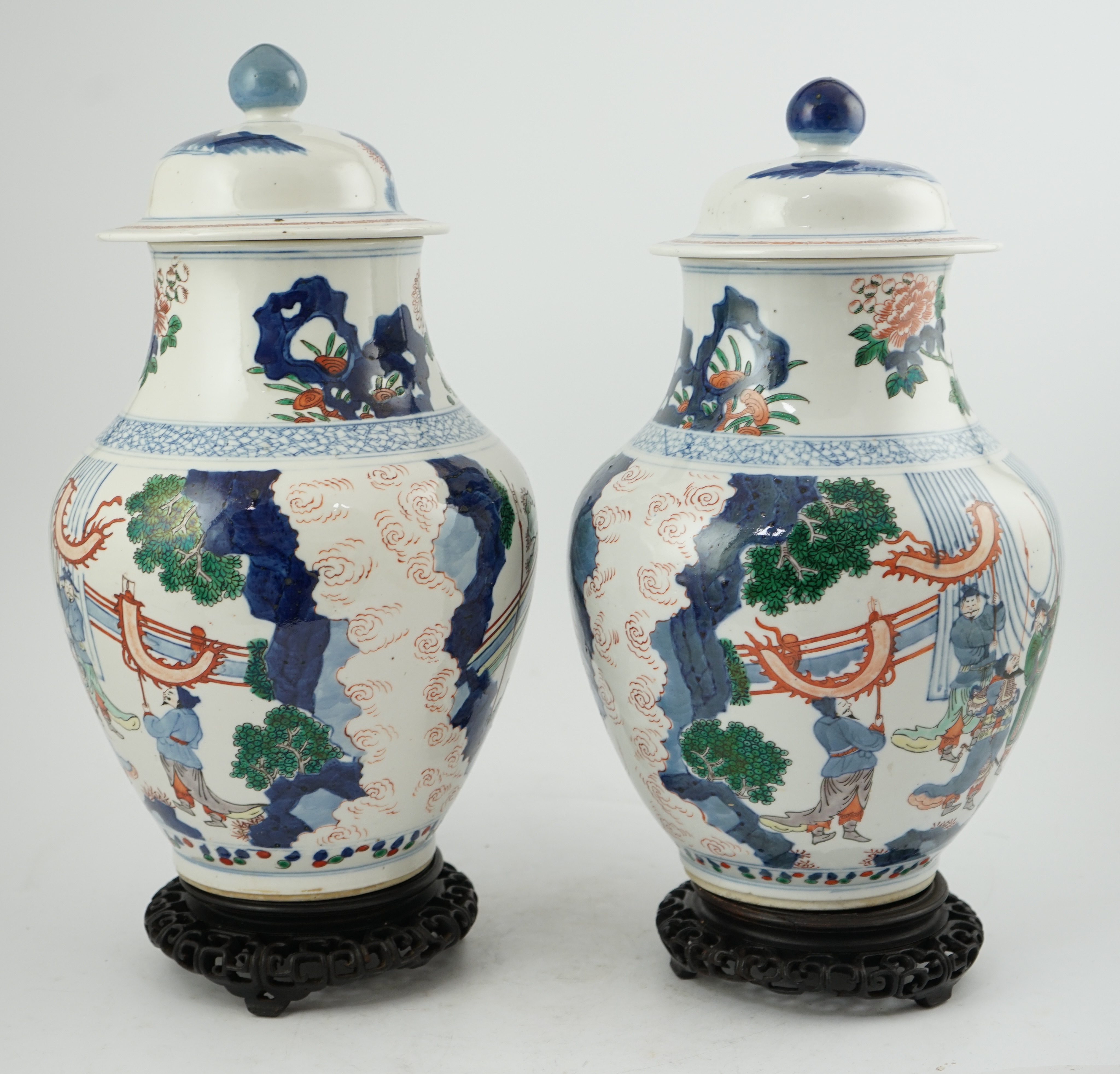 A pair of large Chinese wucai jars and covers, late 19th century